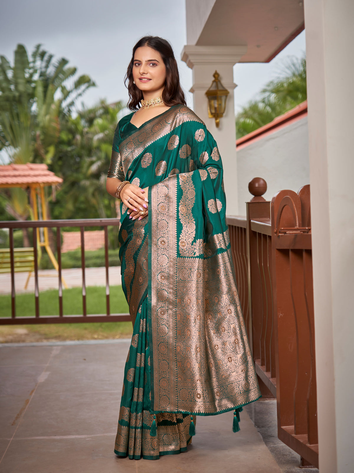 Bottle Green & Rose Gold Woven Jacquard Silk Saree with Blouse Piece