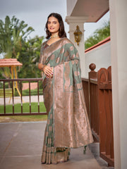 Sage Green & Rose Gold Woven Jacquard Silk Saree with Blouse Piece