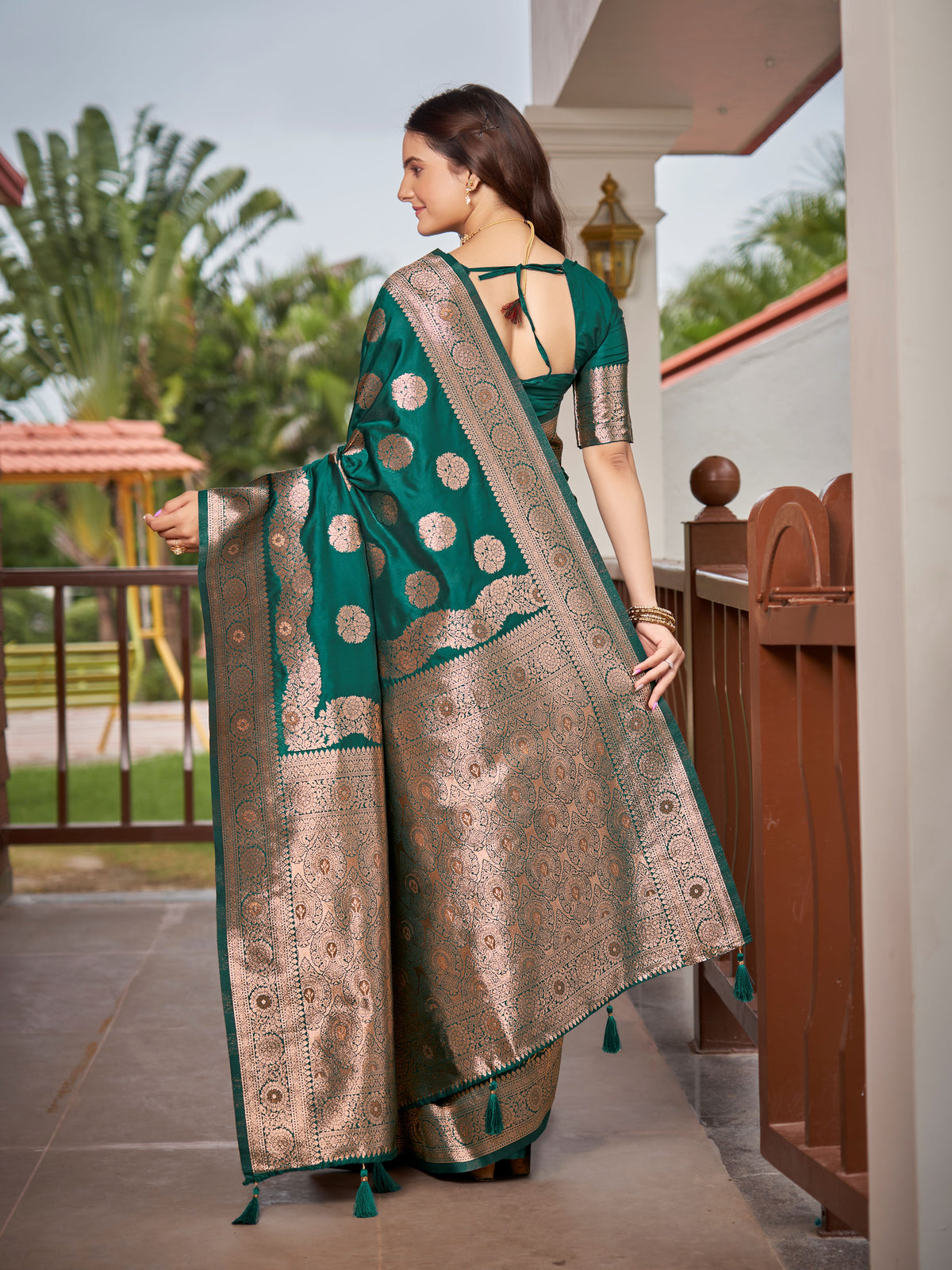 Bottle Green & Rose Gold Woven Jacquard Silk Saree with Blouse Piece