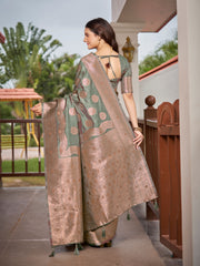 Sage Green & Rose Gold Woven Jacquard Silk Saree with Blouse Piece