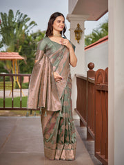 Sage Green & Rose Gold Woven Jacquard Silk Saree with Blouse Piece