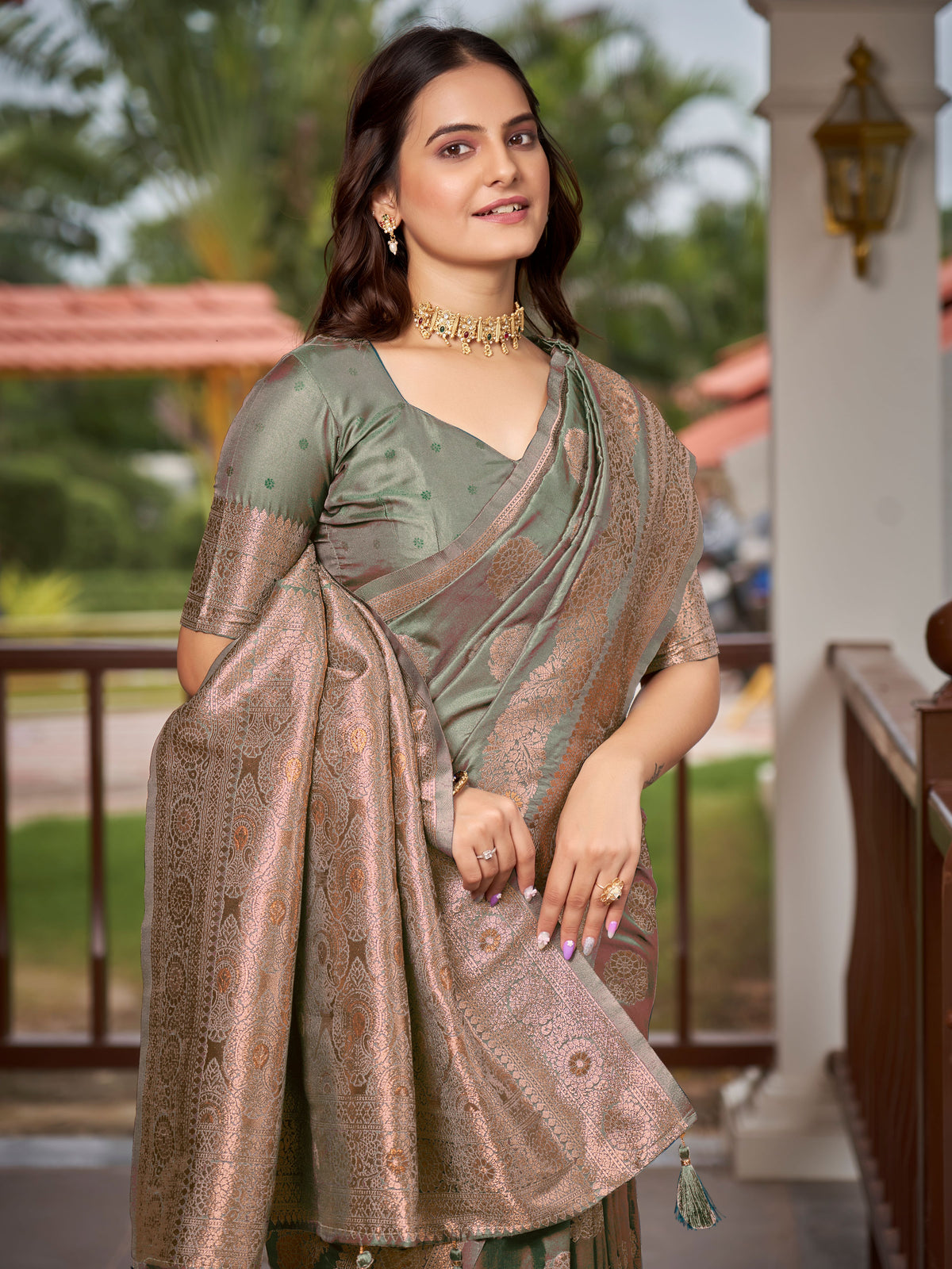 Sage Green & Rose Gold Woven Jacquard Silk Saree with Blouse Piece
