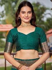 Bottle Green & Rose Gold Woven Jacquard Silk Saree with Blouse Piece