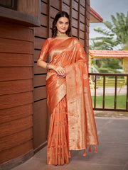 Peach Orange & Rose Gold Woven Jacquard Silk Saree with Blouse Piece