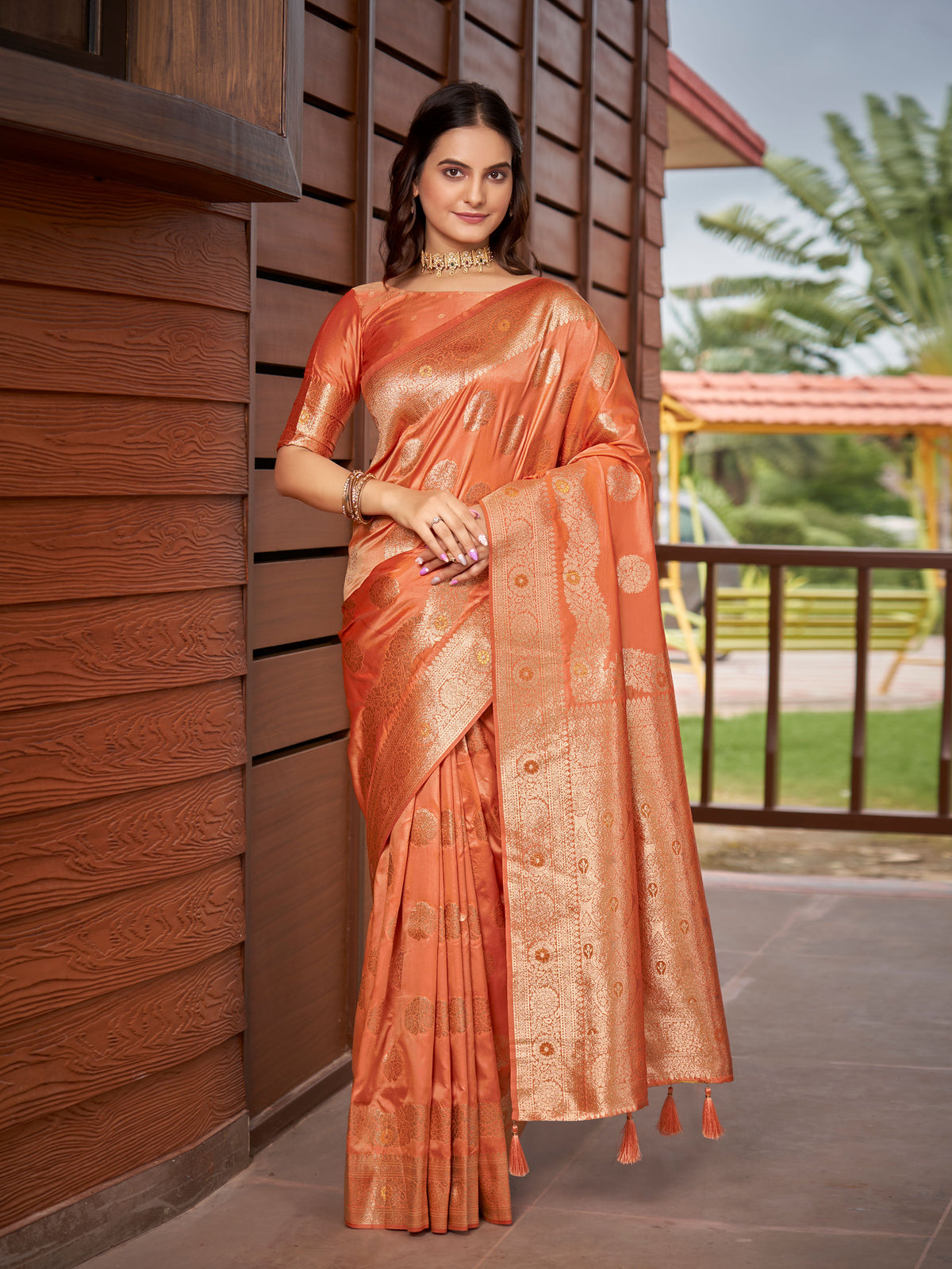 Peach Orange & Rose Gold Woven Jacquard Silk Saree with Blouse Piece