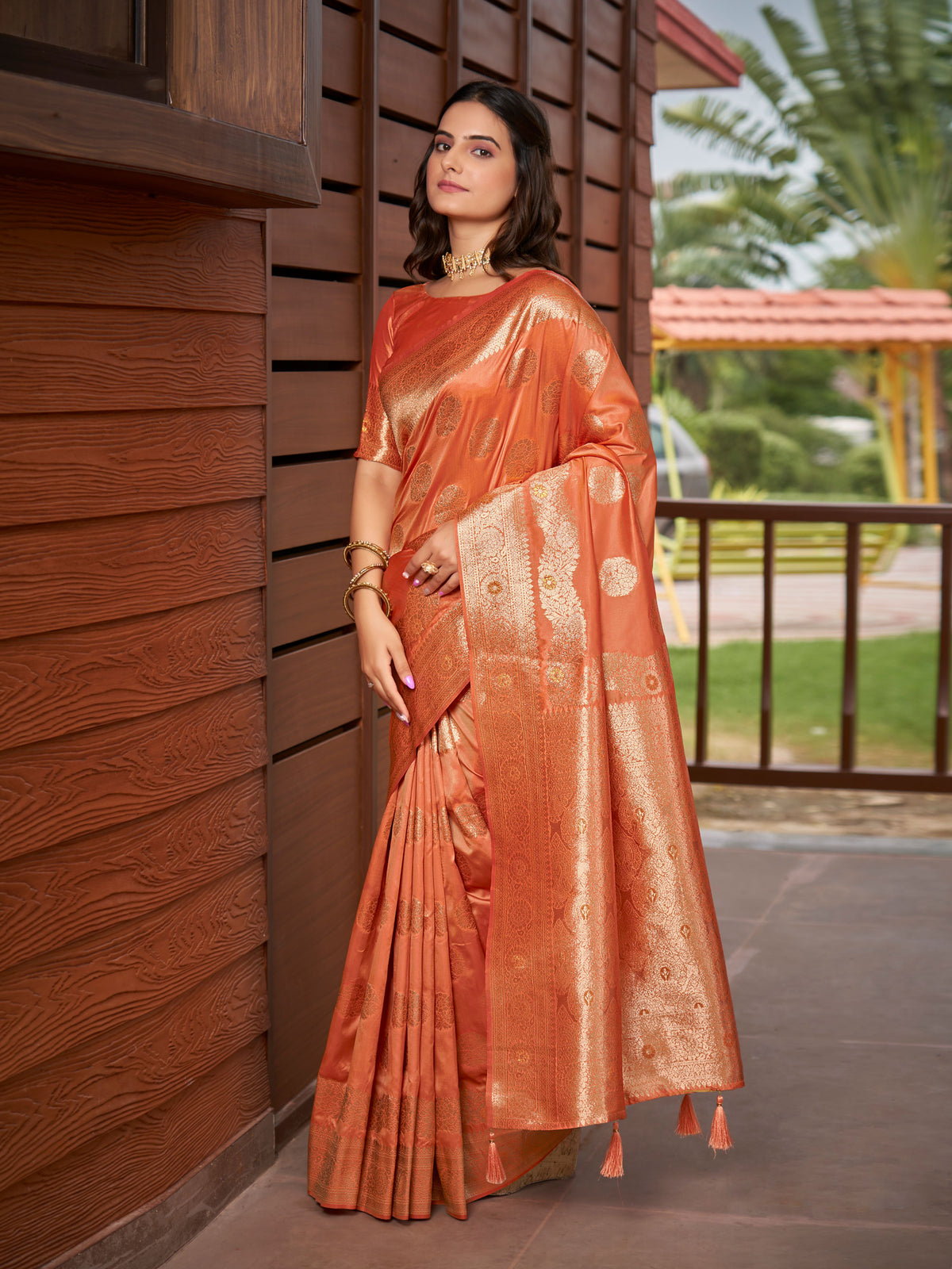 Peach Orange & Rose Gold Woven Jacquard Silk Saree with Blouse Piece