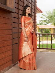 Peach Orange & Rose Gold Woven Jacquard Silk Saree with Blouse Piece
