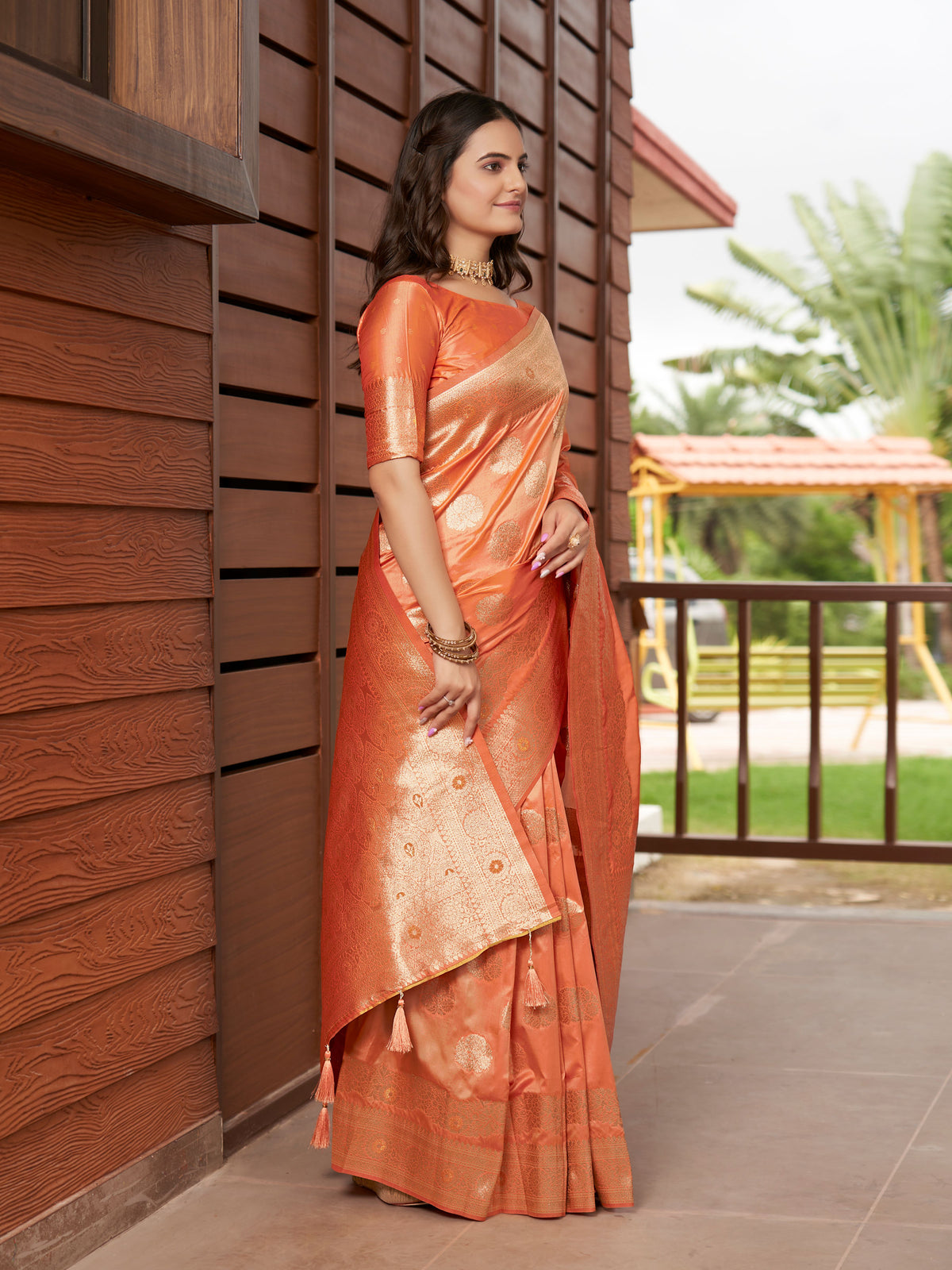 Peach Orange & Rose Gold Woven Jacquard Silk Saree with Blouse Piece
