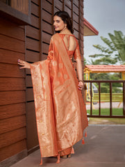 Peach Orange & Rose Gold Woven Jacquard Silk Saree with Blouse Piece
