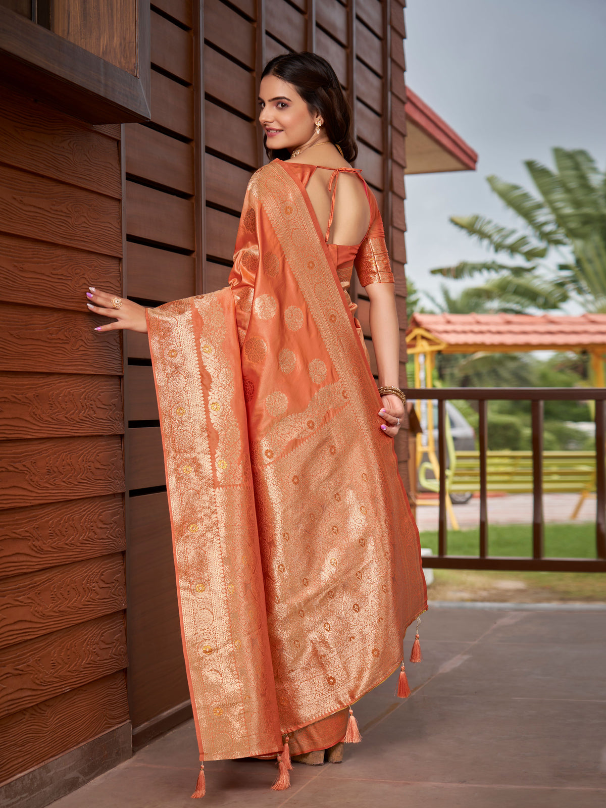 Peach Orange & Rose Gold Woven Jacquard Silk Saree with Blouse Piece