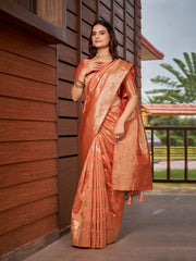 Peach Orange & Rose Gold Woven Jacquard Silk Saree with Blouse Piece