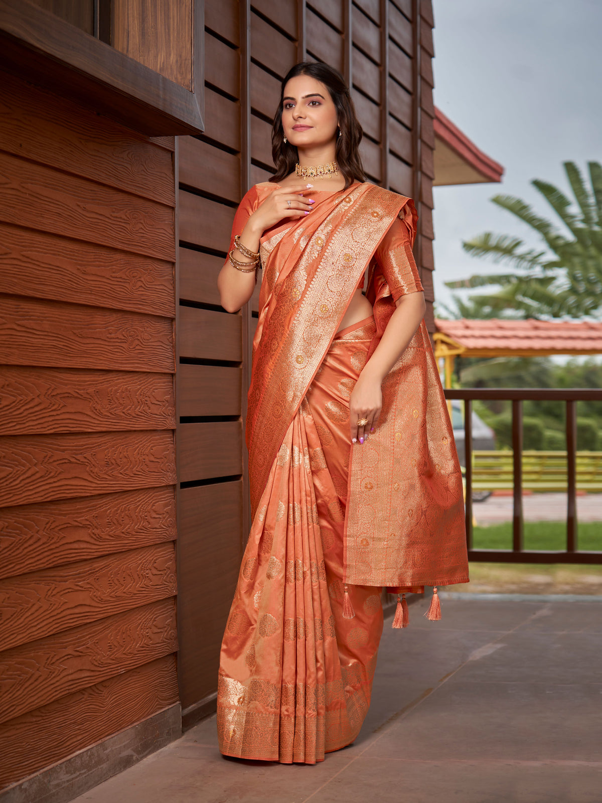 Peach Orange & Rose Gold Woven Jacquard Silk Saree with Blouse Piece