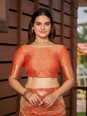 Peach Orange & Rose Gold Woven Jacquard Silk Saree with Blouse Piece