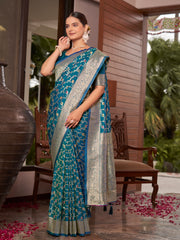 Teal Blue Floral Jaal Woven Jacquard Silk Saree with Blouse Piece