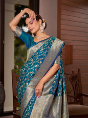 Teal Blue Floral Jaal Woven Jacquard Silk Saree with Blouse Piece