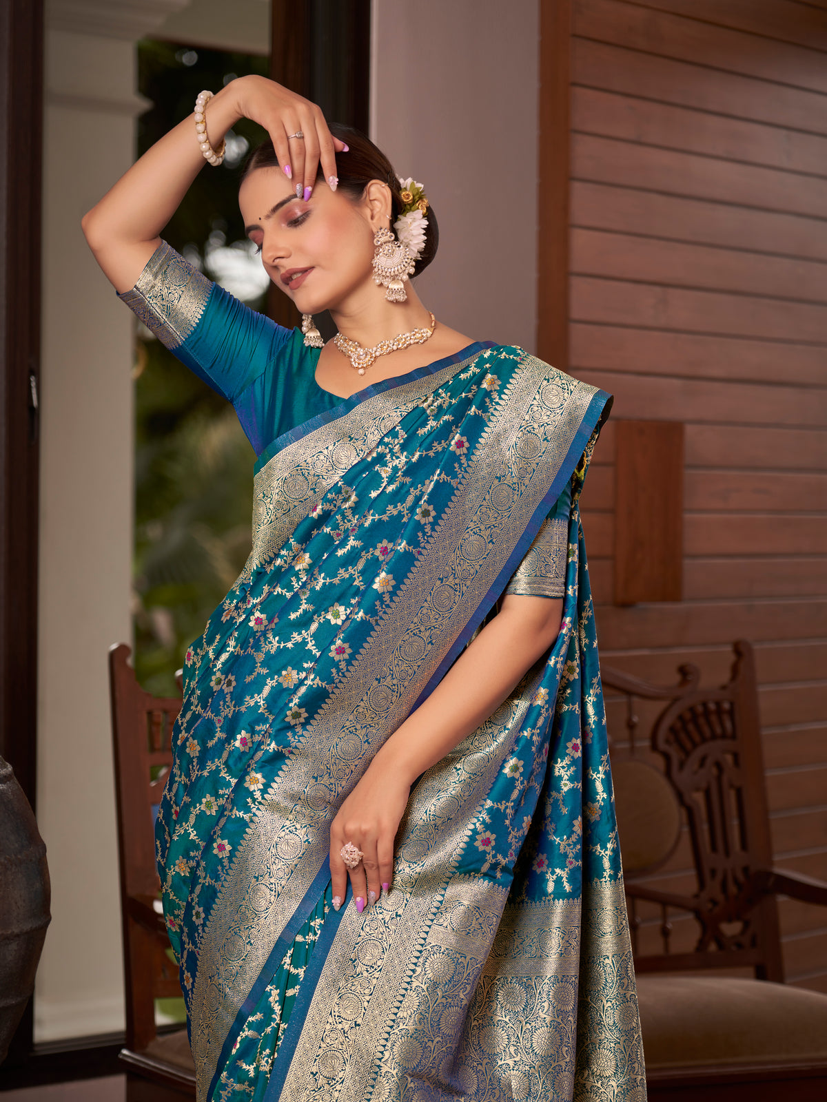 Teal Blue Floral Jaal Woven Jacquard Silk Saree with Blouse Piece