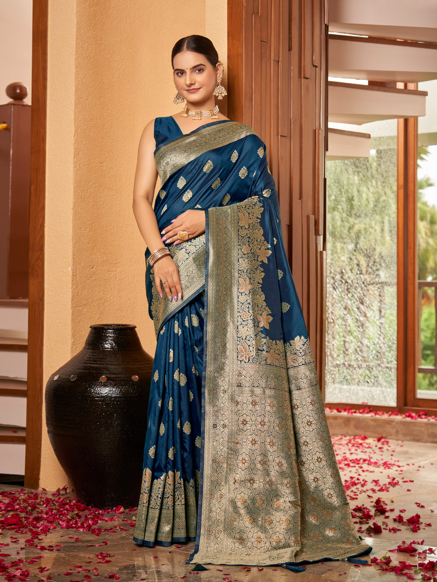 Royal Navy Blue & Gold Zari Woven Jacquard Silk Saree with Blouse Piece