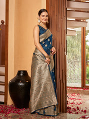 Royal Navy Blue & Gold Zari Woven Jacquard Silk Saree with Blouse Piece