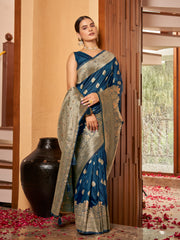 Royal Navy Blue & Gold Zari Woven Jacquard Silk Saree with Blouse Piece