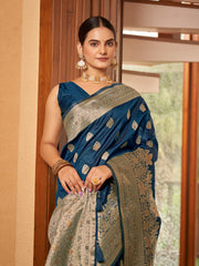 Royal Navy Blue & Gold Zari Woven Jacquard Silk Saree with Blouse Piece