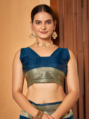 Royal Navy Blue & Gold Zari Woven Jacquard Silk Saree with Blouse Piece