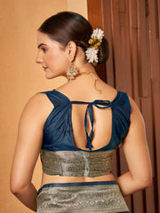 Royal Navy Blue & Gold Zari Woven Jacquard Silk Saree with Blouse Piece