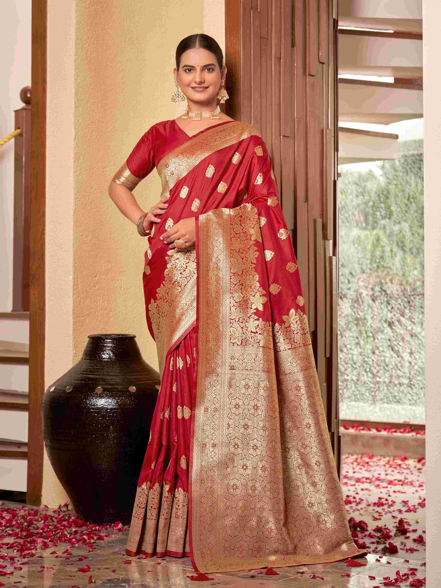 Crimson Red & Gold Zari Woven Jacquard Silk Saree with Blouse Piece