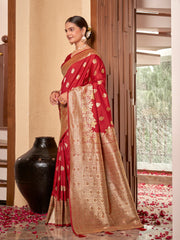 Crimson Red & Gold Zari Woven Jacquard Silk Saree with Blouse Piece