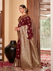 Wine Maroon & Gold Zari Woven Jacquard Silk Saree with Blouse Piece