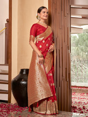 Crimson Red & Gold Zari Woven Jacquard Silk Saree with Blouse Piece