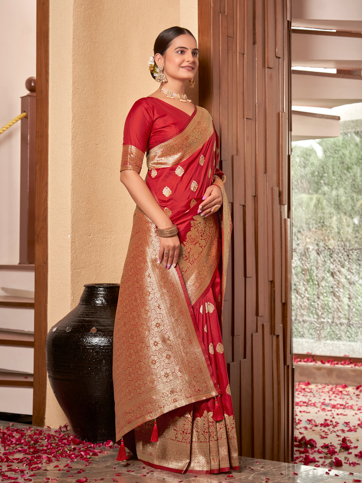 Crimson Red & Gold Zari Woven Jacquard Silk Saree with Blouse Piece