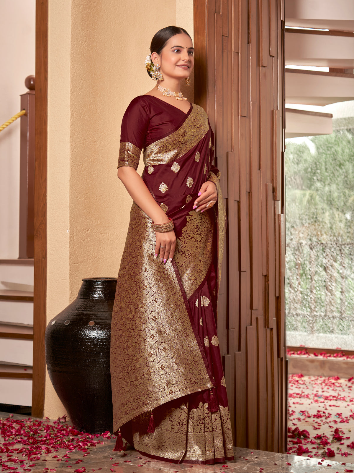 Wine Maroon & Gold Zari Woven Jacquard Silk Saree with Blouse Piece