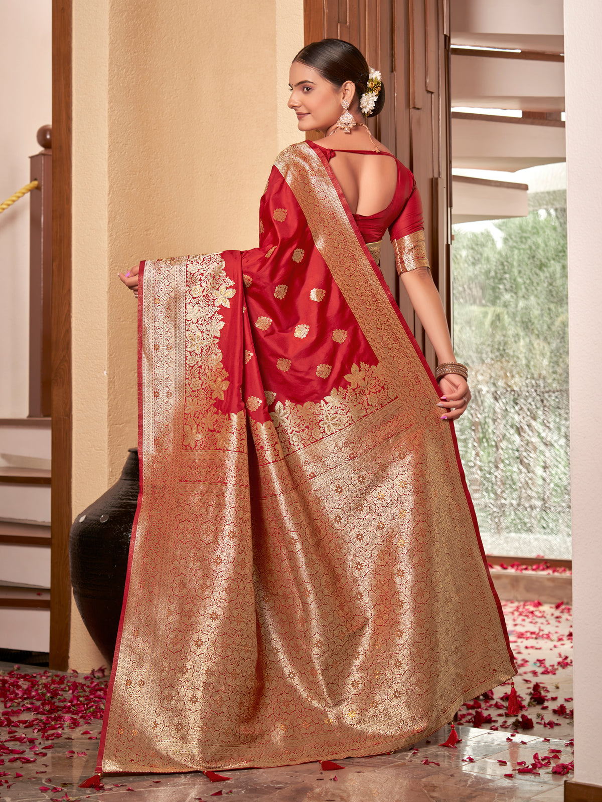 Crimson Red & Gold Zari Woven Jacquard Silk Saree with Blouse Piece