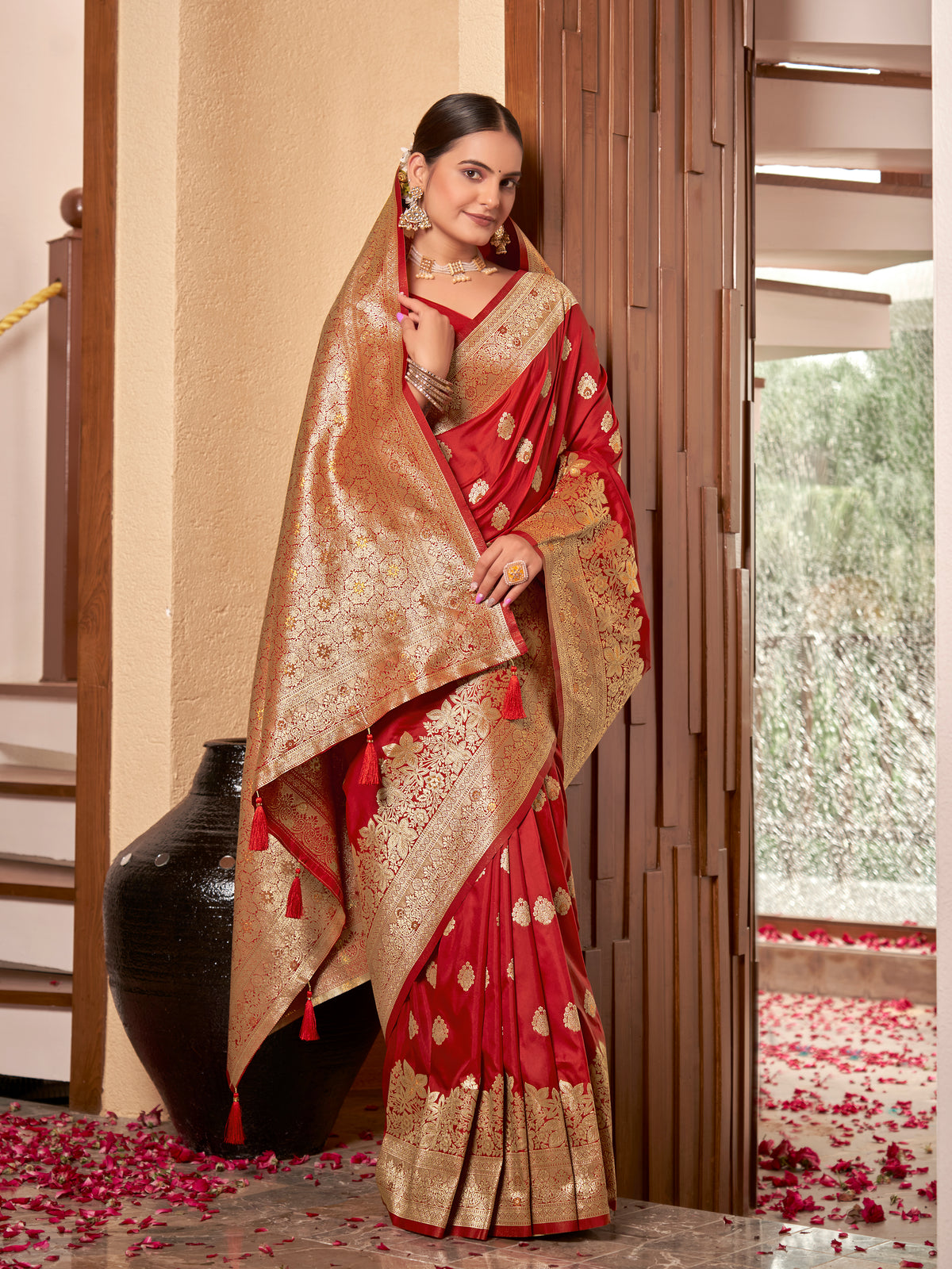 Crimson Red & Gold Zari Woven Jacquard Silk Saree with Blouse Piece