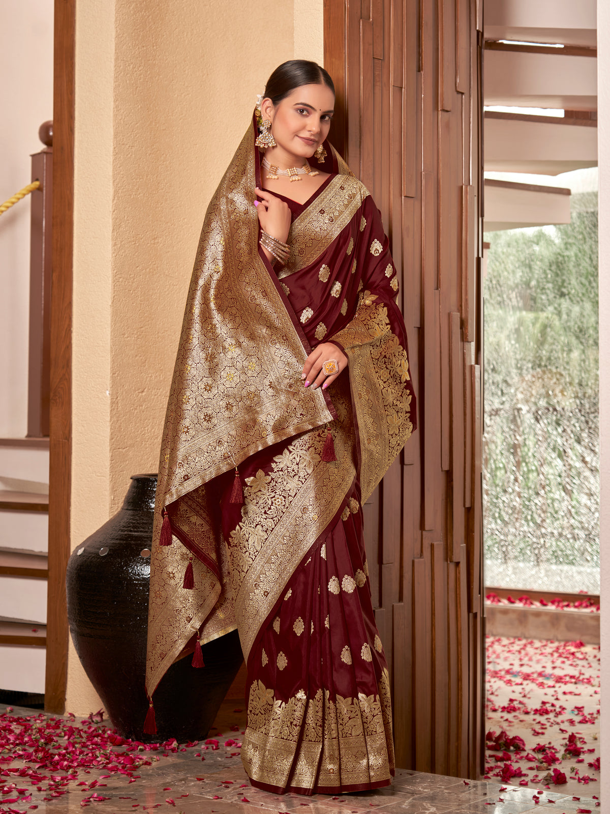 Wine Maroon & Gold Zari Woven Jacquard Silk Saree with Blouse Piece