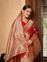 Crimson Red & Gold Zari Woven Jacquard Silk Saree with Blouse Piece