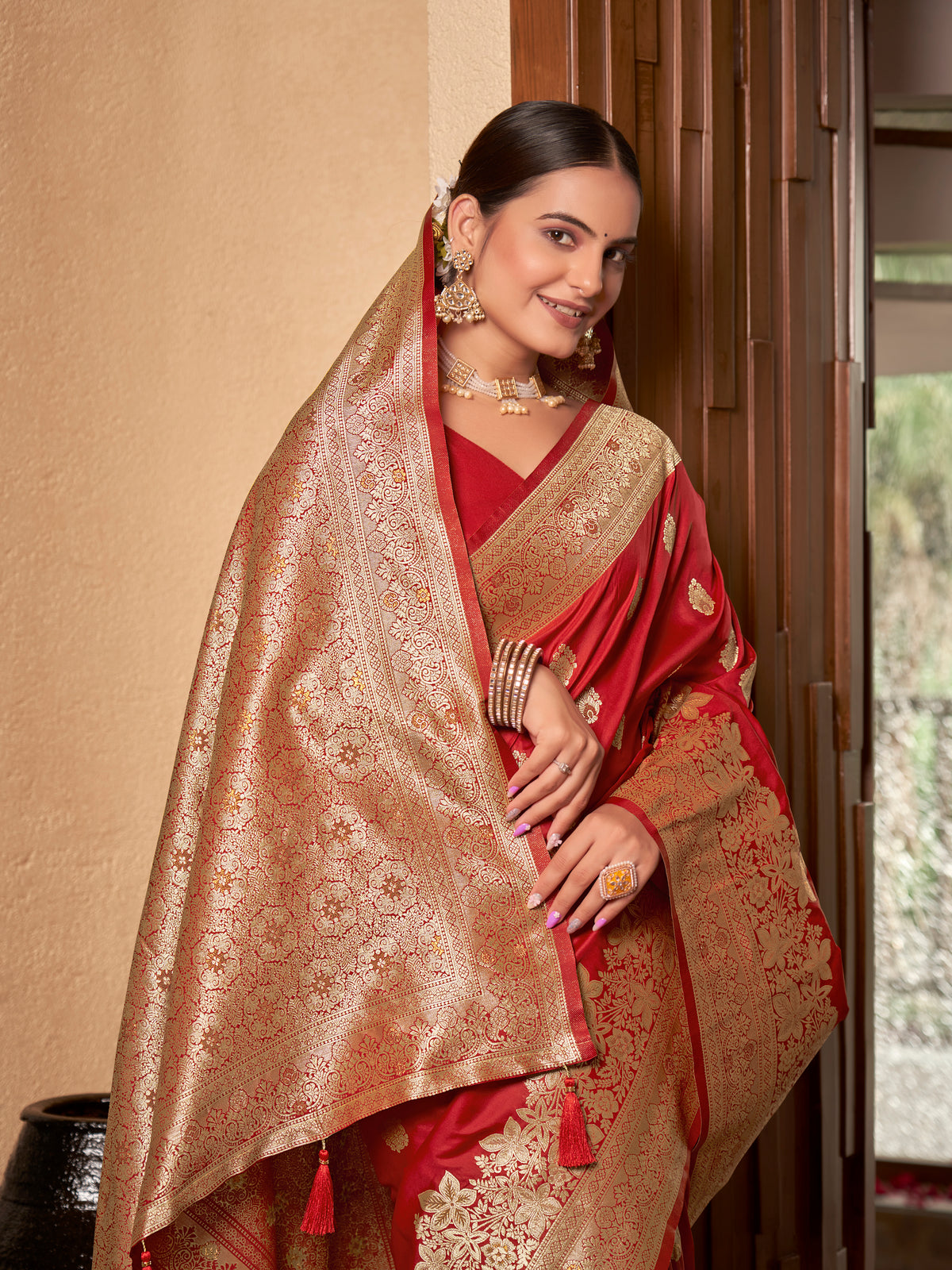 Crimson Red & Gold Zari Woven Jacquard Silk Saree with Blouse Piece
