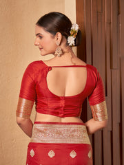Crimson Red & Gold Zari Woven Jacquard Silk Saree with Blouse Piece