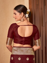 Wine Maroon & Gold Zari Woven Jacquard Silk Saree with Blouse Piece