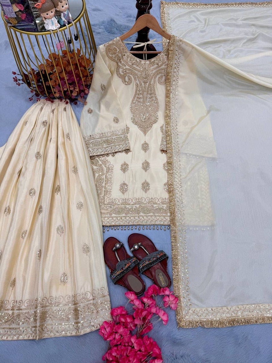 Chinon Silk Embroidered 3 Piece Palazzo Suit