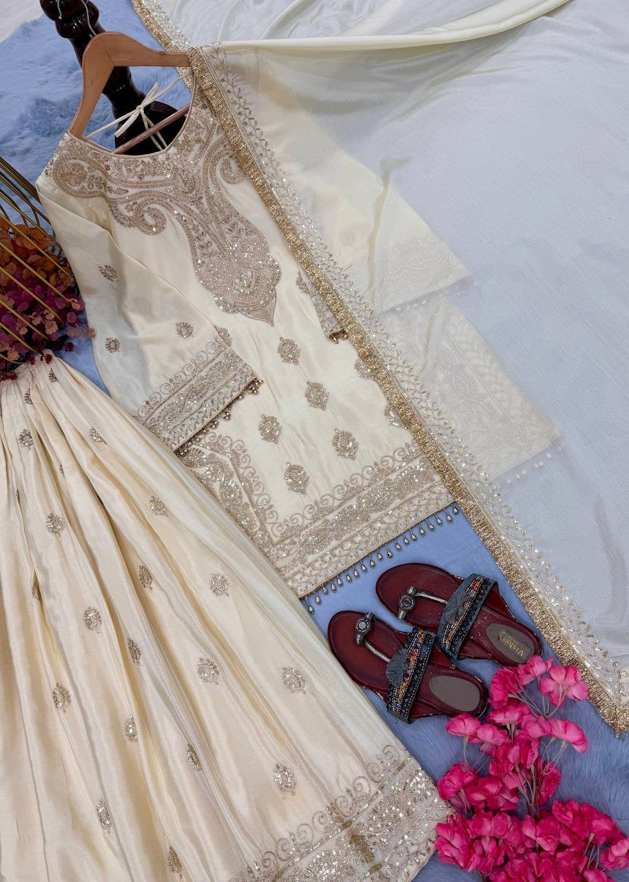 Chinon Silk Embroidered 3 Piece Palazzo Suit