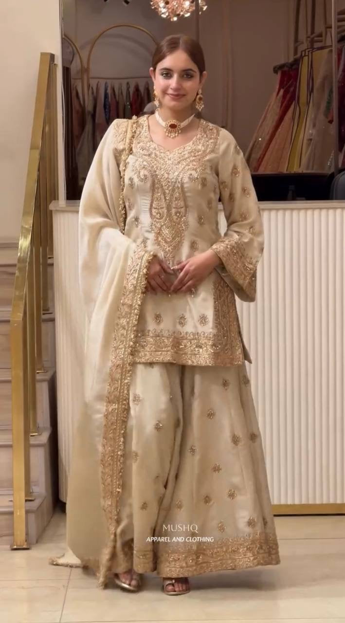 Chinon Silk Embroidered 3 Piece Palazzo Suit