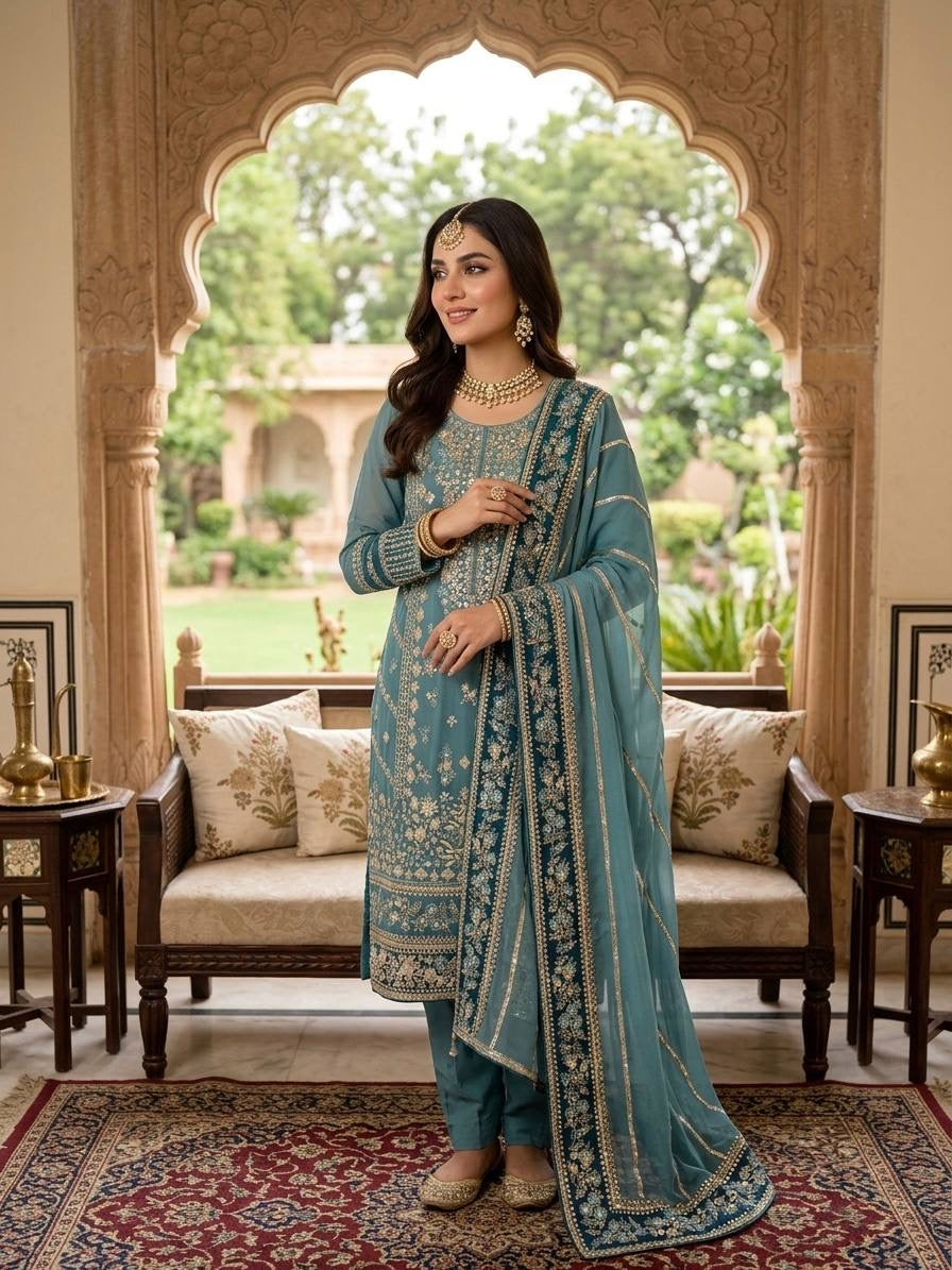 Fox Georgette Embroidered 3 Piece Suit