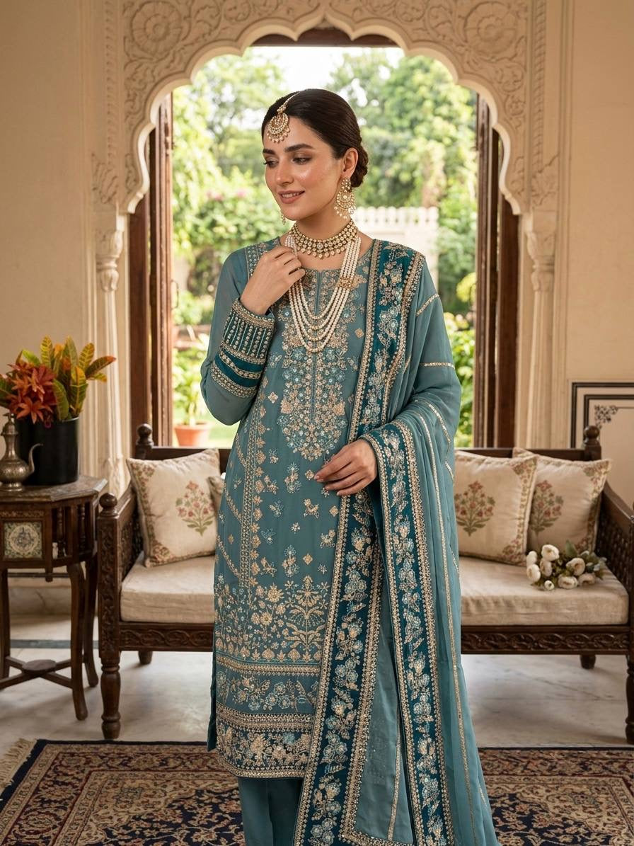 Fox Georgette Embroidered 3 Piece Suit