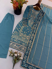 Fox Georgette Embroidered 3 Piece Suit