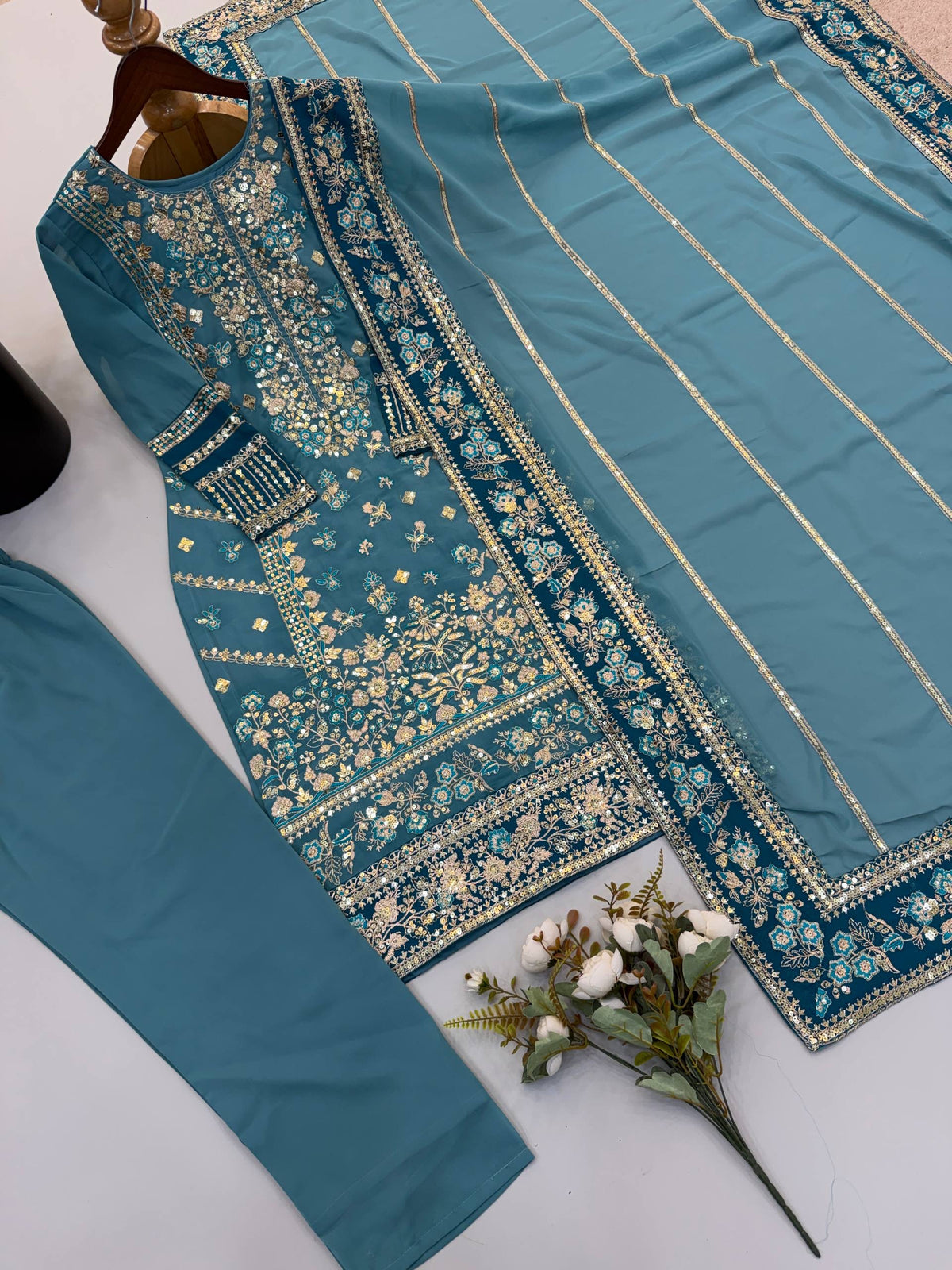 Fox Georgette Embroidered 3 Piece Suit