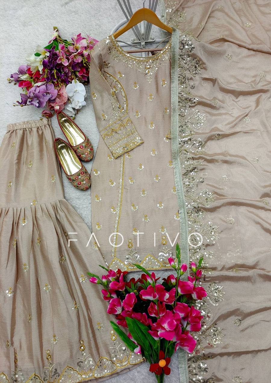 Embroidered Chinon Silk Sharara Suit Set