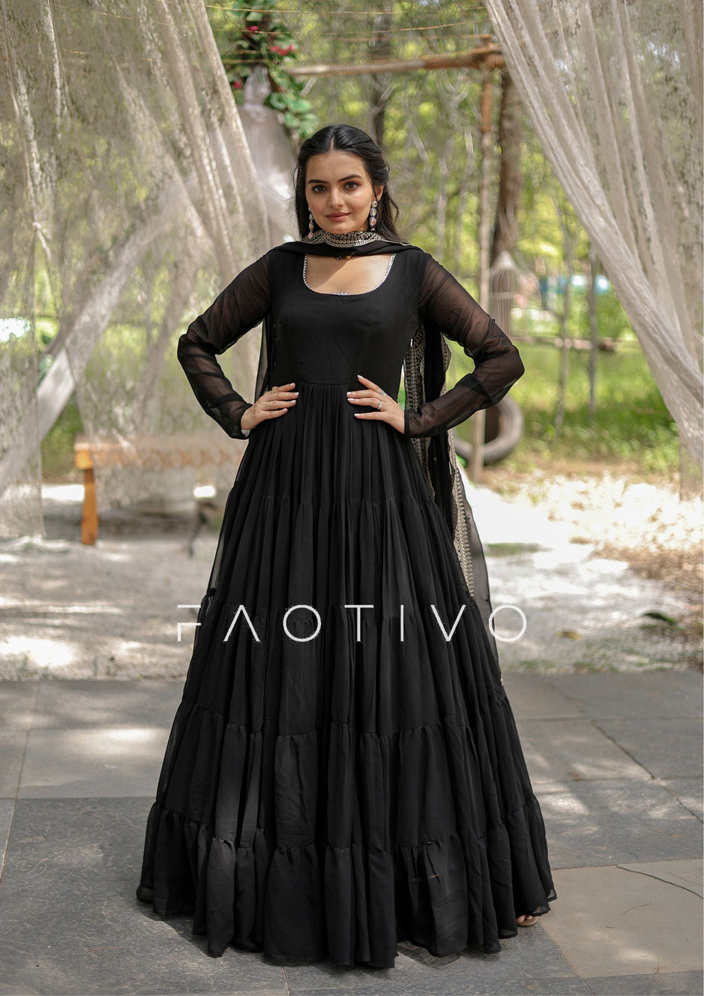 Black is the moment. Always. Premium Readymade Faux Georgette Gown with Designer Embroidered Dupatta – 5 Layer Flair | Women's Ethnic Dress | Traditional Wear | M to 2XL