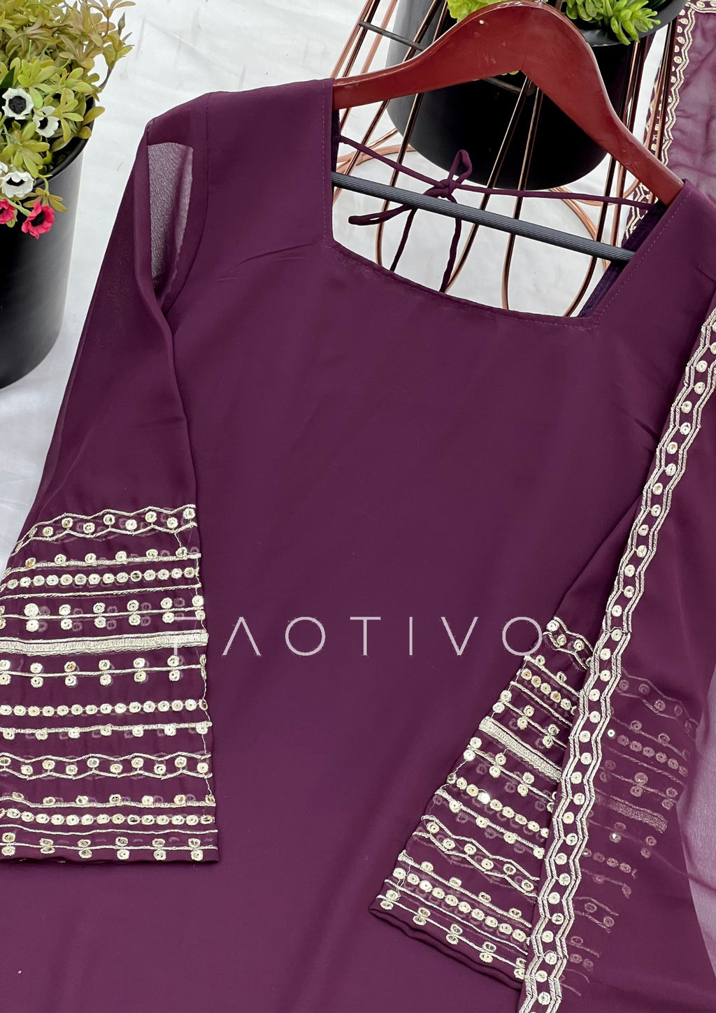 Deep Purple Fully Stitched Embroidered Sharara Suit Set | Georgette Top + Flowy Sharara + Dupatta
