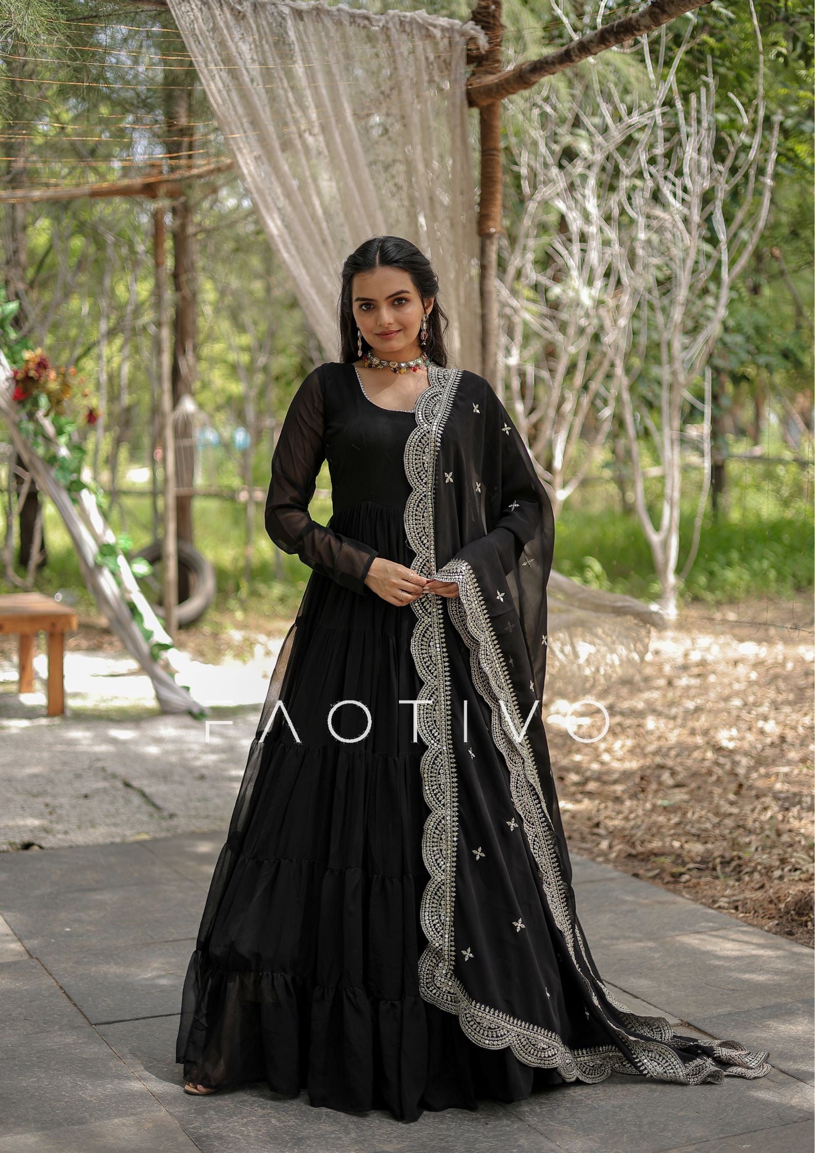 Black is the moment. Always. Premium Readymade Faux Georgette Gown with Designer Embroidered Dupatta – 5 Layer Flair | Women's Ethnic Dress | Traditional Wear | M to 2XL